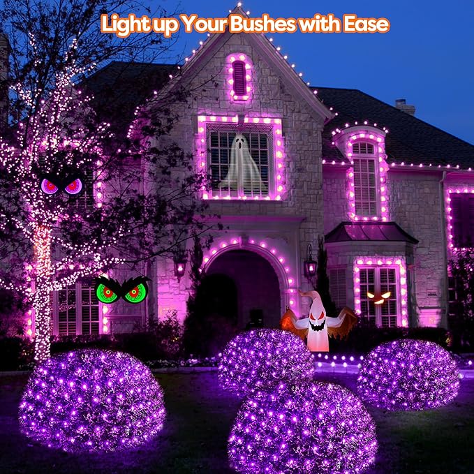WBao Solar Halloween Lights Outdoor, 200LED 8.4ft x 5.2ft Halloween Net Lights with Remote, 8 Modes, Timer, IP65 Waterproof & Dark Green Wire for Lawn, Bushes, Trees Outdoor Decorations, Purple