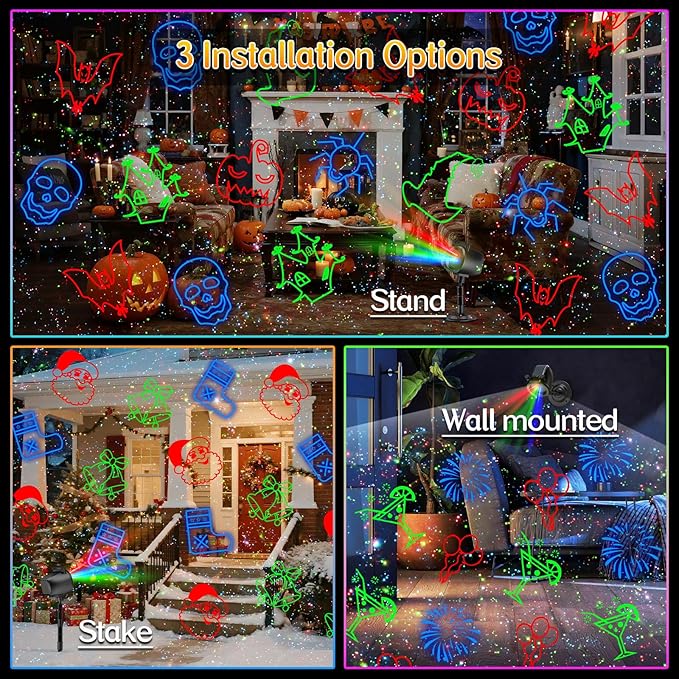 Christmas Lights Projector Outdoor, 2-in-1 Holiday Light Projector with 4 Slides & 8 Brighter HD Patterns, Moving RGB Firefly Effects Light for Christmas Decorations, Halloween, Yard & Garden