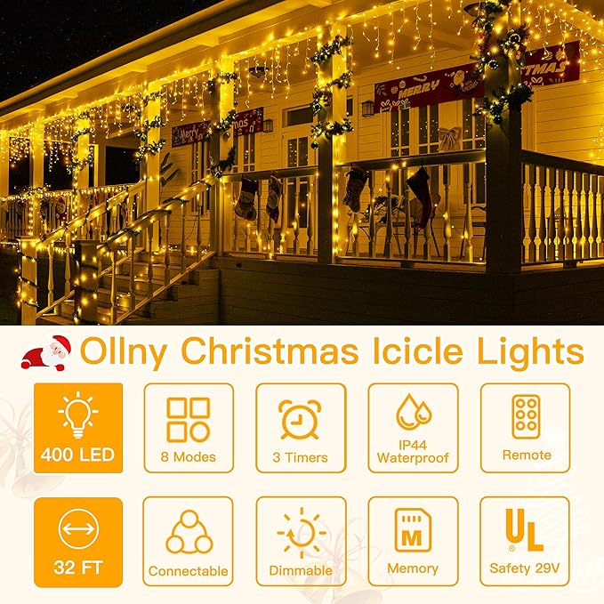 Ollny Icicle Lights for Outside 400LED 32FT, Warm White Christmas Light with Remote 8Modes Timers Waterproof, Plug in Connectable Hanging Lights for Outdoor Indoor House Roof Holiday