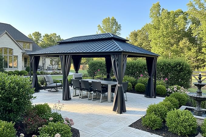 PURPLE LEAF 12' X 20' Patio Hardtop Gazebo Outdoor Pavilion Gazebo with Galvanized Steel Double Roof for Patio Lawn Garden Aluminum with Mosquito Nets and Curtains Grey