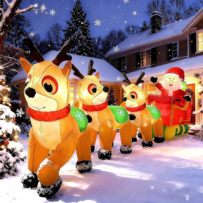 12FT Christmas Inflatables Outdoor Decorations, Santa Claus on Sleigh with 3 Reindeers,Reindeers Pulling Santa's Sleigh with Gift Boxes, Built in LED Lights for Christmas Party Decor, Yard,Garden Lawn