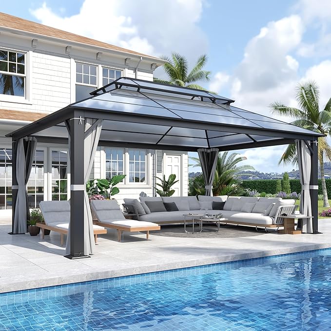 GARTOO 12x16FT Polycarbonate Hardtop Gazebo with Double Roof - Heavy-Duty Steel Frame Gazebo with Breathable Netting & Privacy Curtain for Patio, Porch, Garden, Lawn, Deck, Backyard