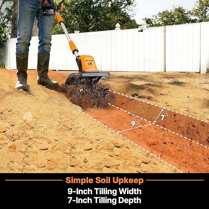 LawnMaster 24V MAX Cordless Tiller Cultivator, Lightweight Electric Garden Tiller, with 1* MAX 24V 4.0ah Battery&Charger, 4* Blade, 9In Tilling Width & 7In Depth for Weeding, Gardening & Cultivation