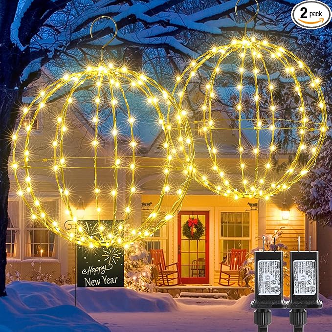 Joomer 2 Pack Christmas Ball Lights, 13IN & 11IN Foldable Metal Sphere Light, Connectable Waterproof 8 Modes with Timer, Hanging Tree Globe Lights for Holiday Christmas Decorations (Warm White)
