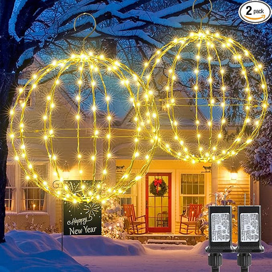 Joomer 2 Pack Christmas Ball Lights, 13IN & 11IN Foldable Metal Sphere Light, Connectable Waterproof 8 Modes with Timer, Hanging Tree Globe Lights for Holiday Christmas Decorations (Warm White)