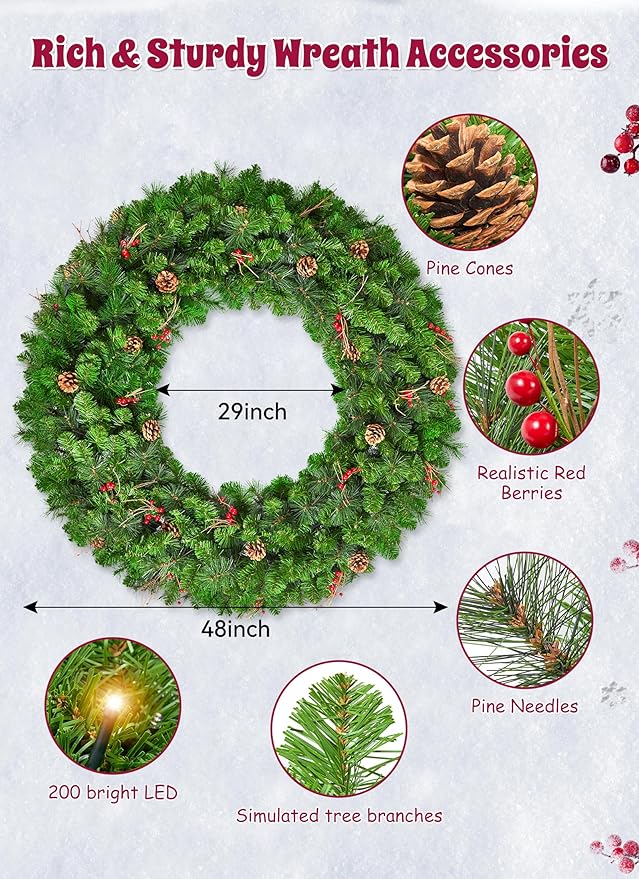 Brightown 48-inch Large Christmas Wreath with Timer and Memory Function, Featuring 200 Warm White LED Lights, PVC Pine Needles, Leaves, Red Berries and Cones, for Doors, Walls and Mantels, Plug-in