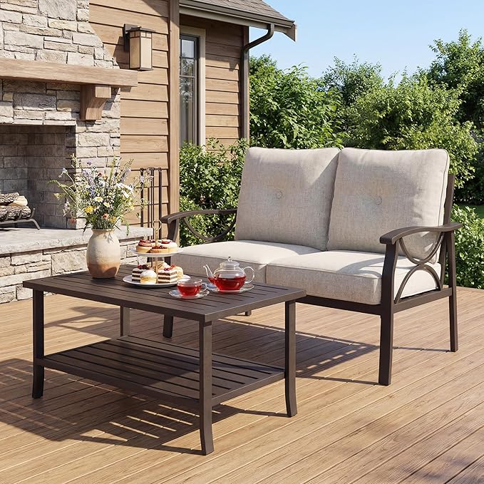 2-Pieces Outdoor Patio Furniture Set, Outdoor Metal Sectional Furniture with Cushions, Outdoor Conversation Set with Coffee Table for Balcony, Deck, Backyard, Garden, Khaki