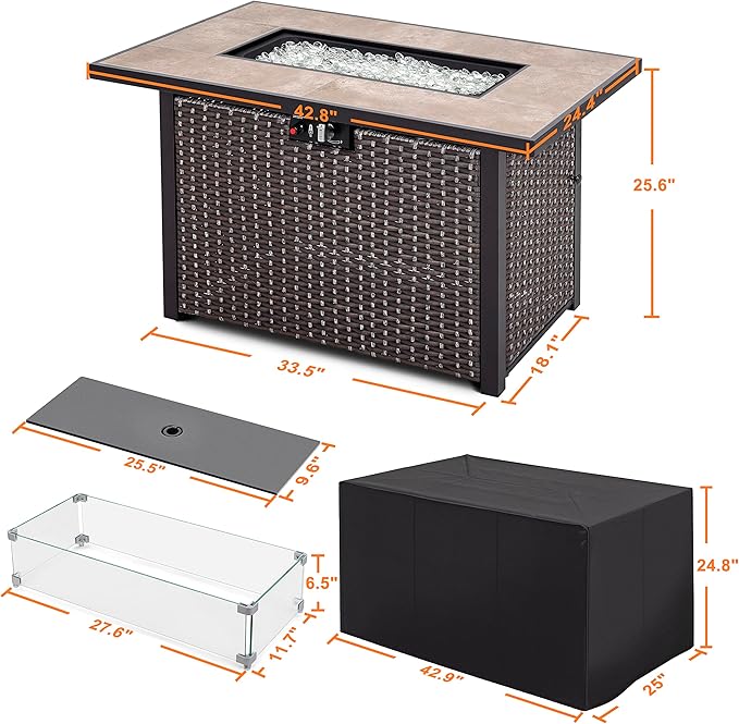 Nuu Garden Outdoor 43 50,000 BTU Propane Gas Fire Pit Table, Ceramic Tabletop and Rattan Weaved Iron Frame, Water-Proof Oxford Cover, Glass Wind Guard, Glass Beads, Lid Included, Dark Brown & Coffee