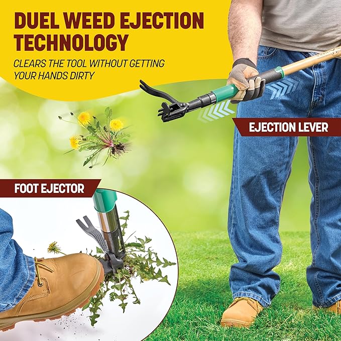Papa's Tools Weed Puller Tool, 44 Stand Up Weeder Garden Tools & 4 Claw Steel Head, Dual Weed Eject Tech. Made with Real Bamboo & Long Wooden Handle, Yard Weeding Remover for Gardening Men & Women