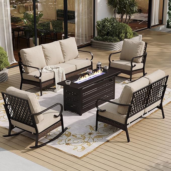 5 Piece Metal Outdoor Patio Furniture Set with Firepit Table, Patio Conversation Sets 1 3-Seater Sofa, 2-Seater Loveseat, 2 Rocking Chairs with 5.75" Cushion for Backyard Deck, Beige