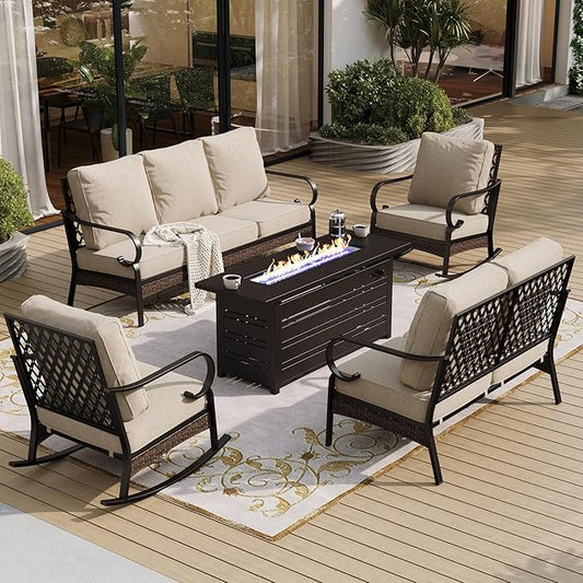 5 Piece Metal Outdoor Patio Furniture Set with Firepit Table, Patio Conversation Sets 1 3-Seater Sofa, 2-Seater Loveseat, 2 Rocking Chairs with 5.75" Cushion for Backyard Deck, Beige