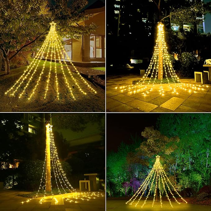 Decute Christmas Decorations Outdoor String Lights 8 Modes and Timer with Remote, Waterproof 320 LED Christmas Tree Lights Star Lights for Yard Garden Backyard Wedding Holiday Decor Warm White