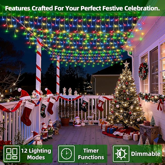 612 LED Christmas Lights with 136 Drops, 60ft 12 Modes Hanging ice String Lights with Timer & Dimmable & Waterproof, Plug-in Fairy Lights for Tree Holiday Wedding Party Christmas Decor Multicolor