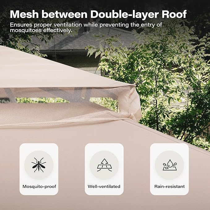 LAUSAINT HOME 10x10ft Outdoor Patio Gazebo with Double Roof, Heavy Duty Waterproof Gazebo Canopy Tent with Mosquito Netting for Backyard, Garden, Lawn & Wedding, Khaki