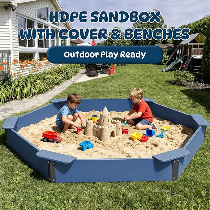 FOOWIN Hexagonal Outdoor Sandbox with Cover for Kids, HDPE Large Sandpit w/6 Benches, for Aged 3-12 Years Old, Sand Box for Children, Bottom Liner,Blue