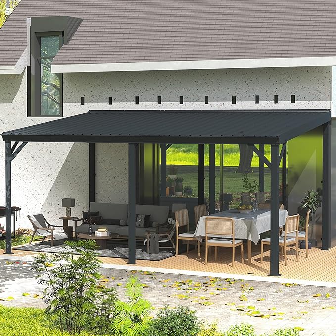 Domi 12' x 16' Lean to Gazebo, Wall Mounted Gazebos Pergola with Built in Drainage System, Galvanized Steel Roof, Hardtop Patio Shelter for Deck, Porch, Backyard and More,Gray