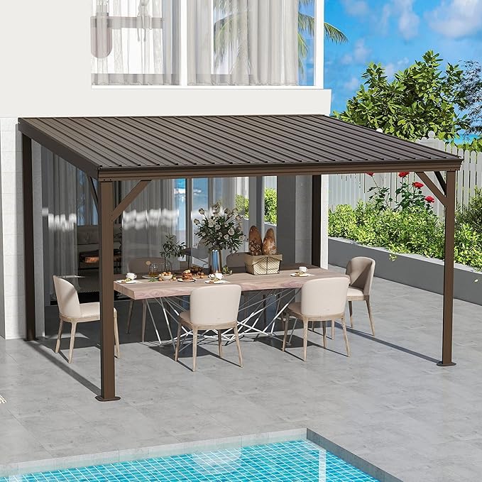 Domi 10' x 12' Lean to Gazebo, Wall Mounted Gazebos Pergola with Built in Drainage System, Galvanized Steel Roof, Hardtop Patio Shelter for Deck, Porch, Backyard and More,Brown