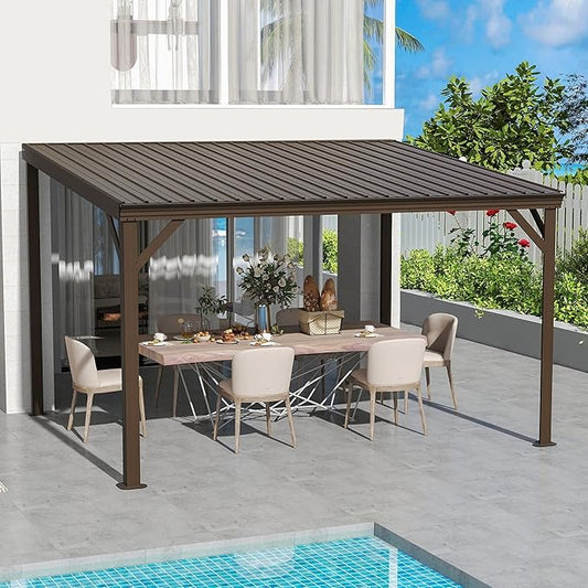 Domi 10' x 12' Lean to Gazebo, Wall Mounted Gazebos Pergola with Built in Drainage System, Galvanized Steel Roof, Hardtop Patio Shelter for Deck, Porch, Backyard and More,Brown