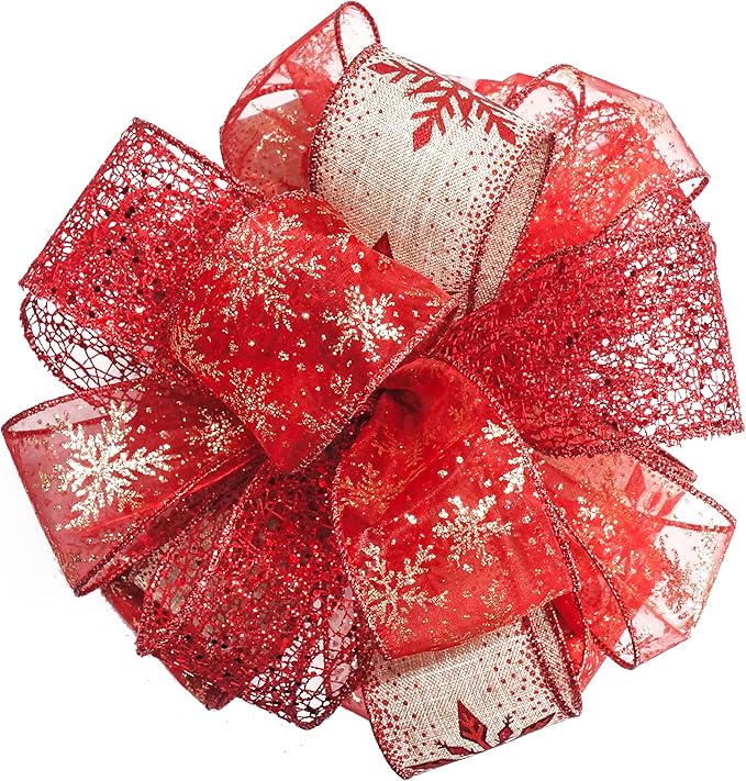 CT CRAFT LLC Red Snowflake Christmas Tree Topper Bow 11" with 4 Ribbon Streamers x 3 Yards Long Each for Holidy Elegant Fancy Home Décor Indoor
