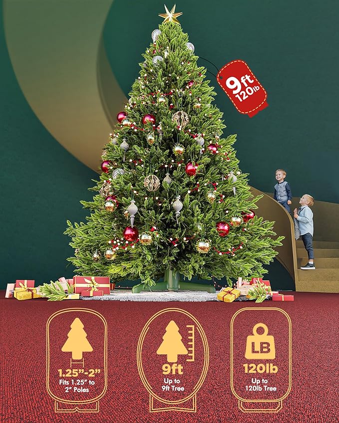 【Patent Pending】 Musical Rotating Christmas Tree Stand, UL Certified Up to 9ft 120 lb Artificial Christmas Tree with Speaker, Spinning Stand with Remote, Fit for 1.25-2" in Tree Poles - 800W