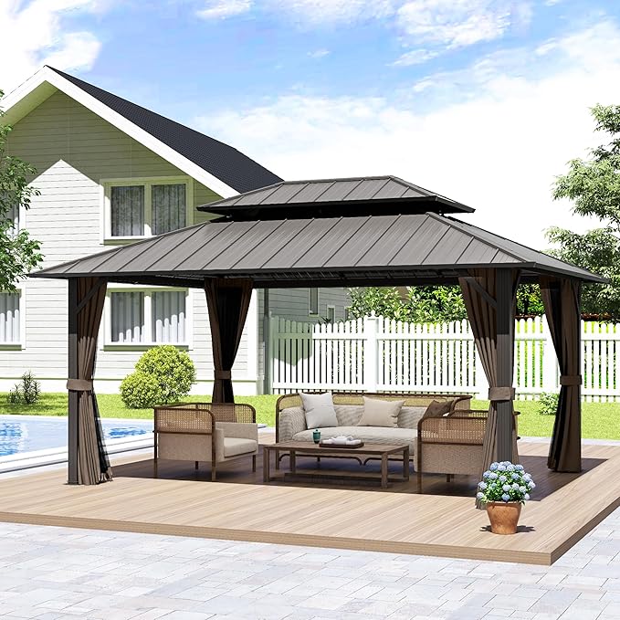 12' x 16' Hardtop Gazebo, Aluminum Frame with Double Galvanized Steel Roof, Outdoor Metal Gazebo with Netting & Curtains for Backyard, Garden, or Deck, Brown