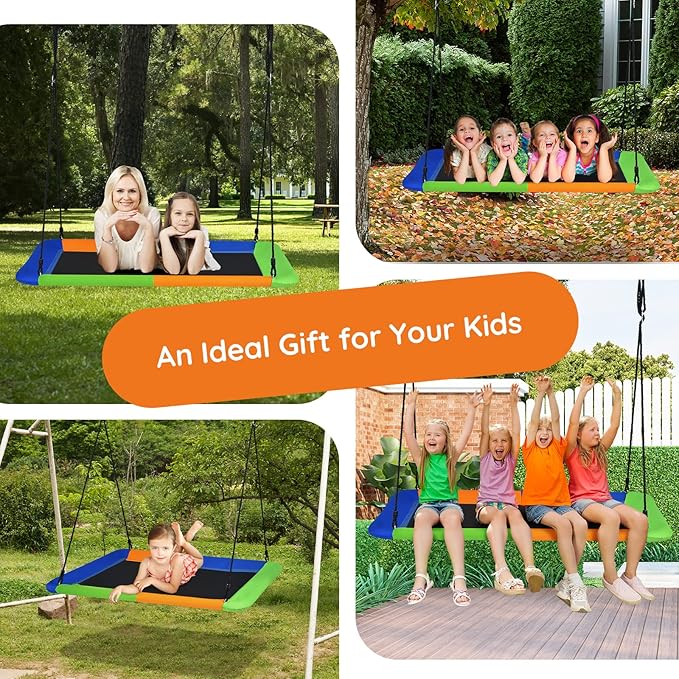 Costzon 700lb Giant 60'' Platform Tree Swing for Kids and Adults, Wear- Resistant Indoor/Outdoor Rectangle Swing with Durable Steel Frame and 2 Hanging Straps for Porch, Backyard (Multicolor)