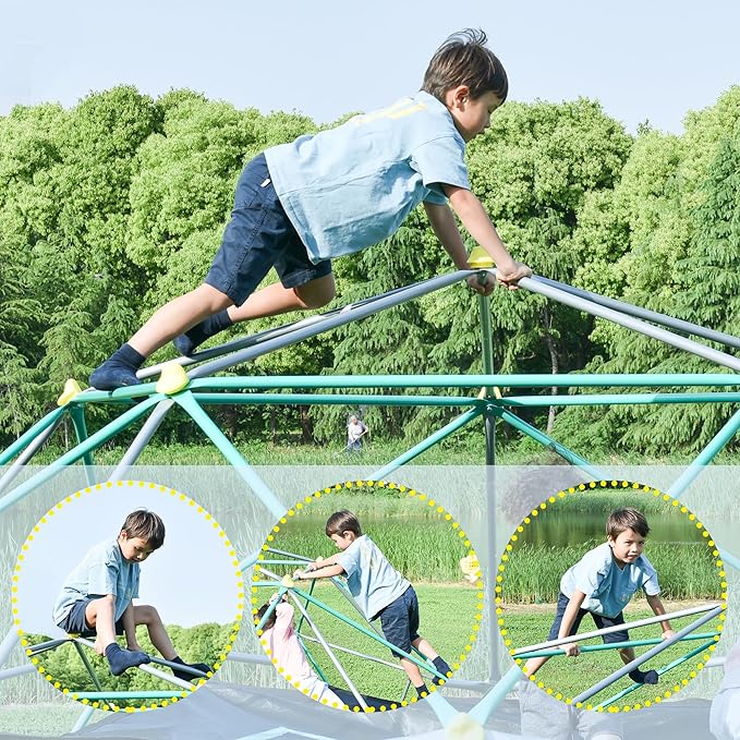 12ft Climbing Dome, Geometric Dome Climber Play Center, Kids Climbing Dome Tower, Rust & UV Resistant Steel Supporting 1000 LBS, Green + Silver