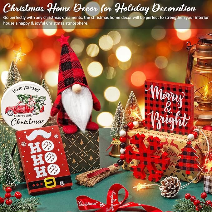 Christmas Tiered Tray Decor 6 PCS Xmas Decorations for Home - Xmas Table Decor Wooden Signs & Buffalo Plaid Gnome Plush Set - Farmhouse Christmas Tray Decoration Kitchen Table Mantel