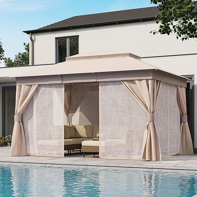 LAUSAINT HOME Semi-permanent Patio Gazebo 10'x13' with Expansion Bolts, Outdoor Heavy Duty Party Shelter with Double Roof, Mosquito Nets and Privacy Screens for Backyard, Garden, Lawn, Champagne Khaki