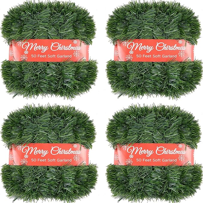 4 Pcs 50 Foot Christmas Garland for Indoor and Outdoor Decor -Thick & Fluffy Artificial Greenery Soft Garland for Fireplace, Staircase, Holiday & Wedding Decoration