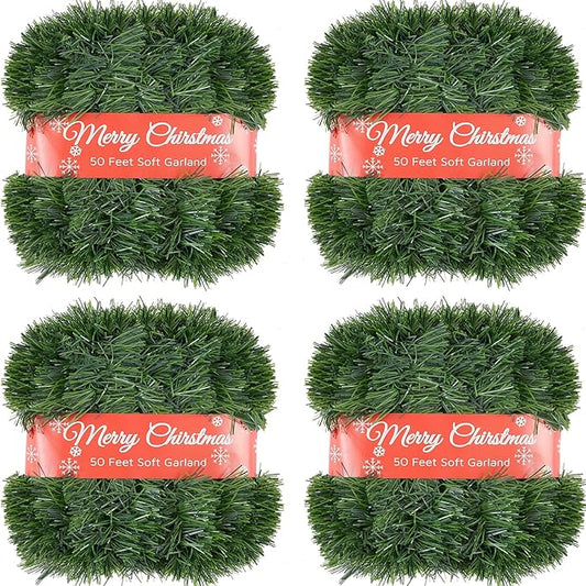 4 Pcs 50 Foot Christmas Garland for Indoor and Outdoor Decor -Thick & Fluffy Artificial Greenery Soft Garland for Fireplace, Staircase, Holiday & Wedding Decoration