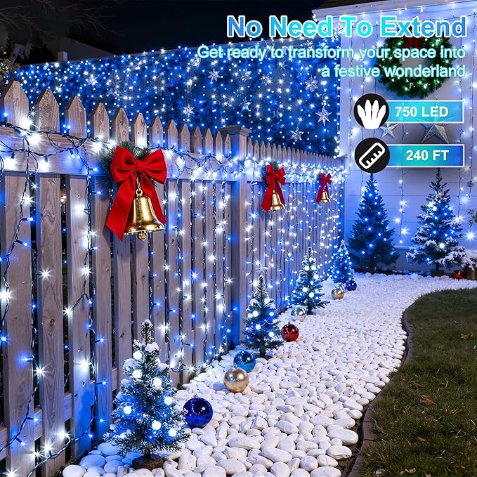 240FT 750LED Christmas Lights,12 Modes Blue and Cool White Outdoor String Lights with Timer & Dimmable, Waterproof Green Wire Christmas String Lights for Tree Xmas Patio Fence Wedding Party Decor