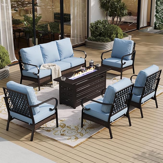 6 Piece Black Metal Outdoor Patio Furniture Sets with Firepit Table, Patio Conversation Sets 1 3-Seater Sofa, 4 Single Sofa with 5.75" Extra Cushion Backyard Furniture for Deck, Blue