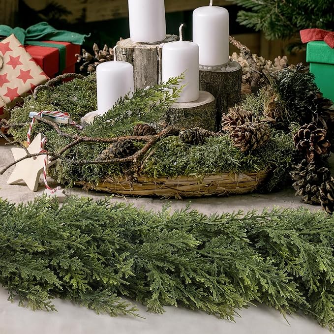 9ft Christmas Cedar Garland with Soft Thickness Pine, Artificial Green Faux Cedar Pine Garland for Mantle Fireplace Indoor Outdoor Holiday Party Home Decoration（4 Pcs）