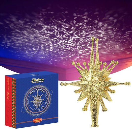 2025 Upgraded Christmas Tree Topper Projector Light with Rotating Bright LED & Wide Coverage, Universal Fit for Any Height Tree, Easy Install, Stable Base, Holiday & Party Decorations (Starlight Gold)