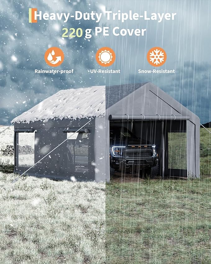13X20 FT Portable Carport Garage with Roll-Up Windows & Doors, Heavy-Duty 200g PE Tarp, Waterproof & UV Protected Outdoor Shelter for Car, Boat, Truck, Motorcycle
