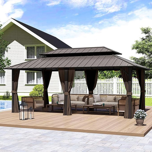 12' x 20' Hardtop Gazebo, Aluminum Frame Gazebo with Double Galvanized Steel Roof, Outdoor Permanent Pavilion with Netting & Curtains for Backyard, Garden, or Deck, Brown