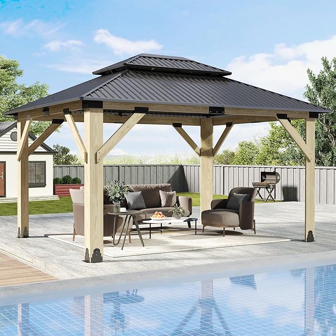 11'x13' Wood Gazebo,Outdoor Hardtop Gazebo with Galvanized Steel Doule Roof, Wooden Frame Gazebos for Patio Backyard Deck