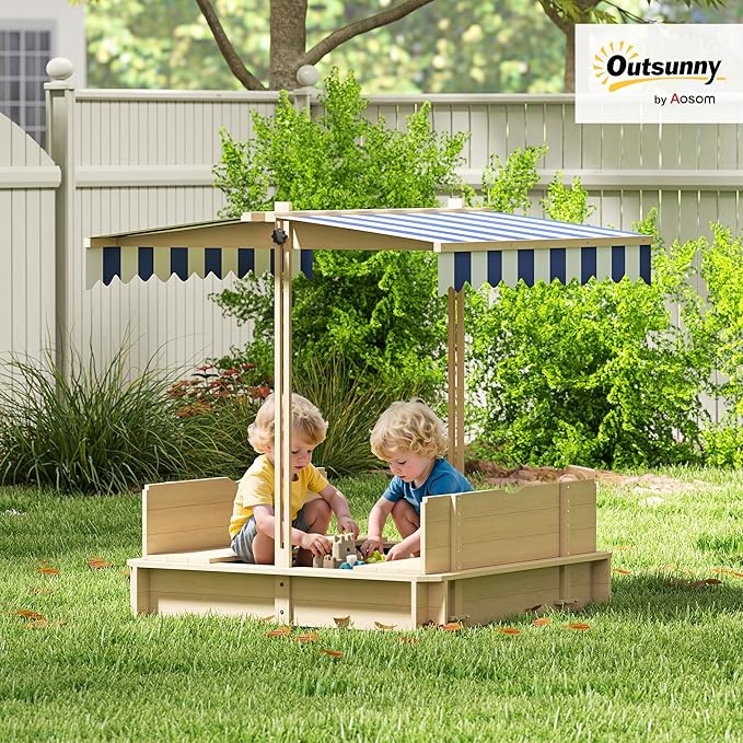 Outsunny Wooden Sandbox with Lid, Kids Sandbox with Canopy Outdoor, Sand Box with Foldable Bench Seats and Sand Protection, Bottom Liner Included, Kids Gift for Aged 3-7, 47X47 in, Natural