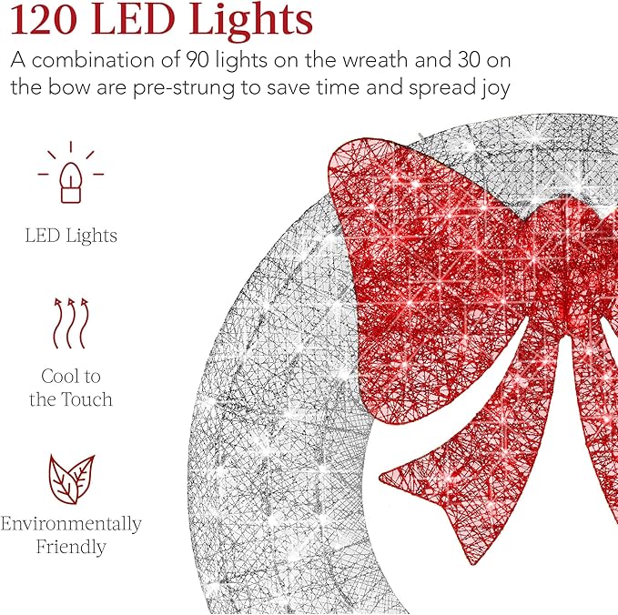Best Choice Products 36in Pre-Lit Outdoor Christmas Wreath Decoration, LED Metal Holiday Decor for Home w/ 120 Lights, Bow - Silver/Red
