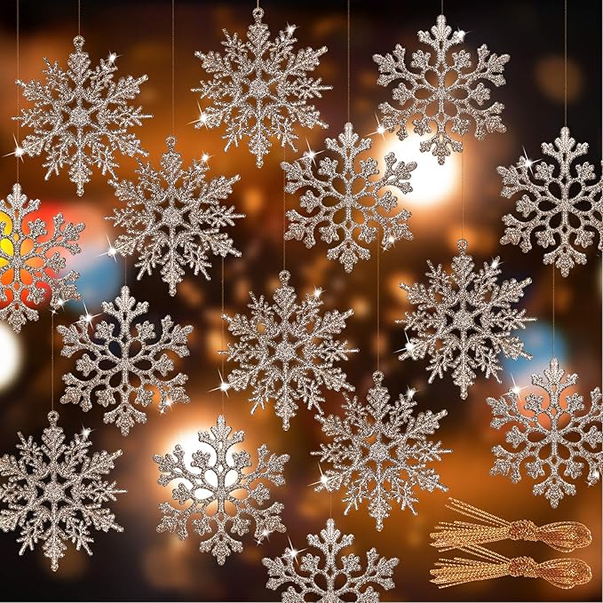 RECUTMS 40Pcs Plastic Snowflake Ornaments Christmas Glitter Snowflakes Hanging Crafts for Wedding Birthday Home Xmas Tree Window Door Accessories,4 Inches,2 Pattern (Champagne)