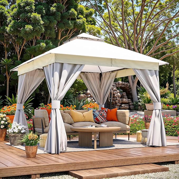 LAUSAINT HOME Semi-Permanent Patio Gazebo 10'x10' with Expansion Bolts, Outdoor Heavy Duty Party Tent with Double Roofs, Mosquito Nettings and Privacy Screens for Backyard, Garden, Lawn, Cream White