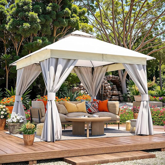 LAUSAINT HOME Semi-Permanent Patio Gazebo 10'x10' with Expansion Bolts, Outdoor Heavy Duty Party Tent with Double Roofs, Mosquito Nettings and Privacy Screens for Backyard, Garden, Lawn, Cream White