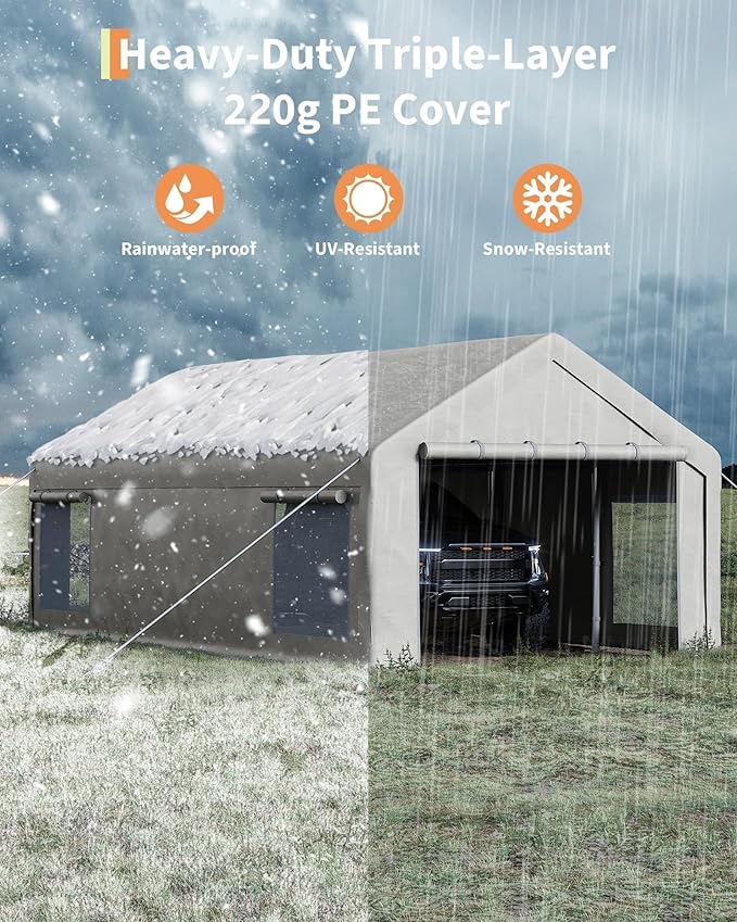 13X25 Ft Carport Canopy,Portable Garage with 4 Roll-Up Windows & Doors, Heavy-Duty 200g PE Tarp, Waterproof UV Resistant Anti-Snow Shelter for Car, Truck, Boat, Motorcycle