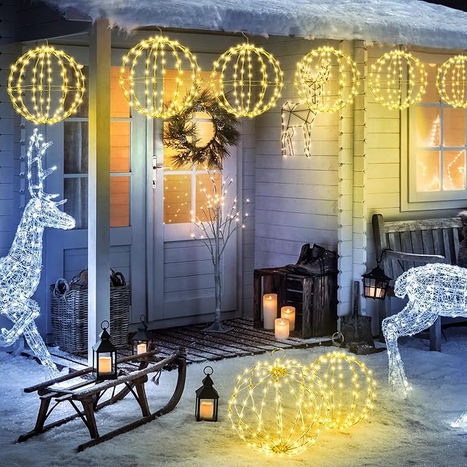 Joomer 2 Pack Christmas Big Ball Lights, 20IN & 18IN Foldable Metal Sphere Lights Waterproof with Timer, Plug-in Hanging Tree Globe Light for Christmas Decorations-Warm White (Non-connectable)