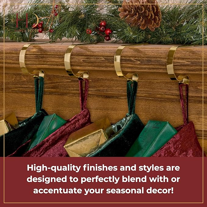 Haute Decor The Original MantleClip Stocking Holder - 4 Pack (Brass) - Hang Christmas Stockings Safely and Securely - Adjusts to Fit Various Mantels