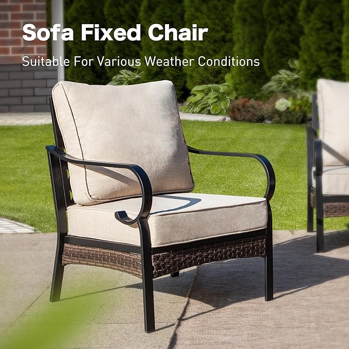 5 Piece Metal Outdoor Patio Furniture Sets with Firepit Table, Patio Conversation Sets 1 3-Seater Sofa, 1 2-Seater Loveseat, 2 Single Sofa with 5.75" Cushion for Backyard Deck, Beige