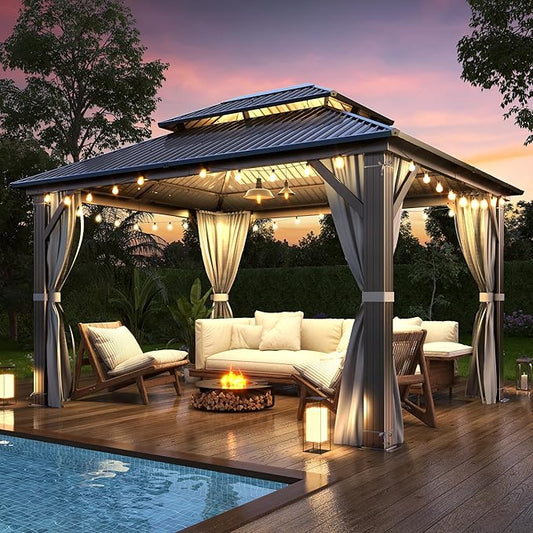 COVERONICS 10' x 12' Outdoor Hardtop Gazebo - Aluminum Heavy-Duty Double Roof Vented Gazebo with Breathable Netting & Privacy Curtains for Patio, Porch, Garden, Lawn