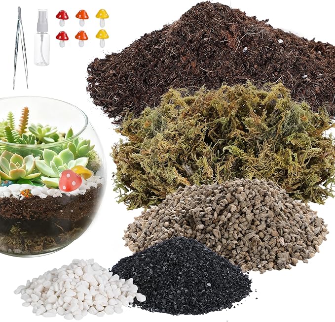 Terrarium Kit Adults - Includes Pumice, Moss, Soil, Pebbles, Charcoal, 2 Tools, Mushroom Ornaments for Succulent Cactus, Christmas Terrarium Accessories Decor Gifts for Starter Women