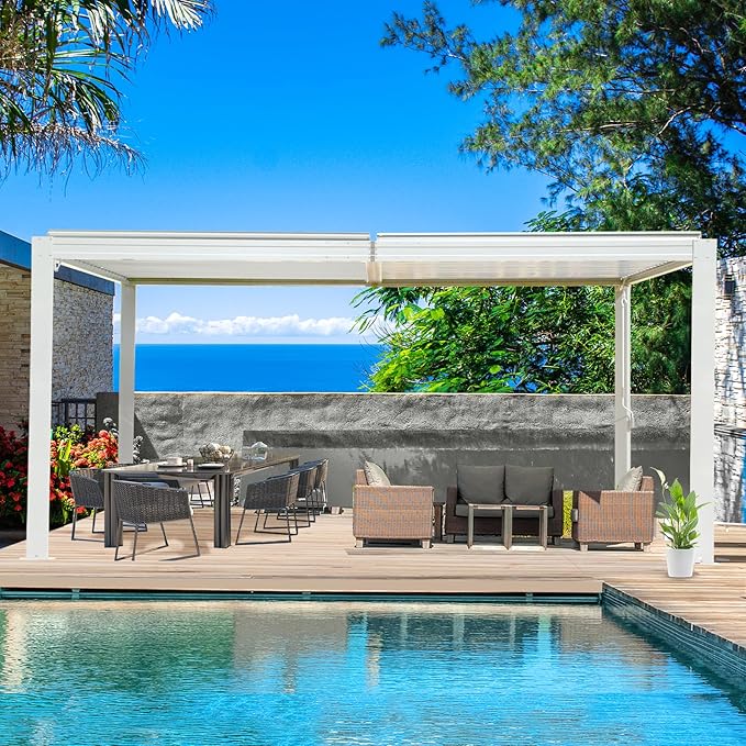 10’ x 16’ Louvered Pergola, Outdoor Pergola Aluminum Frame with Adjustable Rainproof Metal Roof, Permanent Sun Shade with Drainage System for Backyard, Garden and Lawn (White)